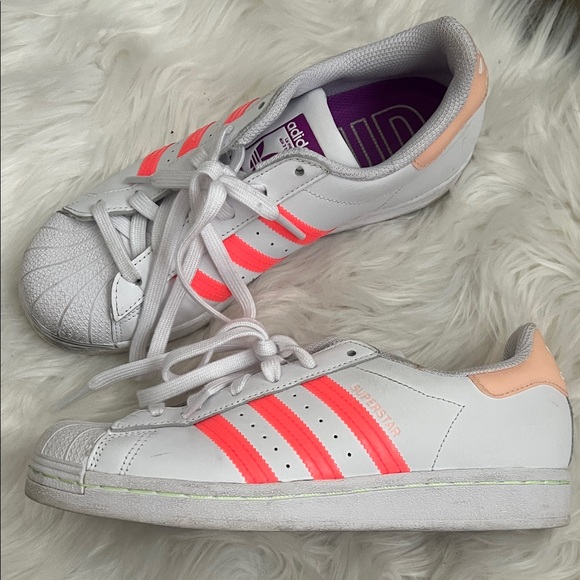 Gently Used Adidas Superstar Women’s Sneakers White with Neon Orange Stripes - Picture 1 of 6